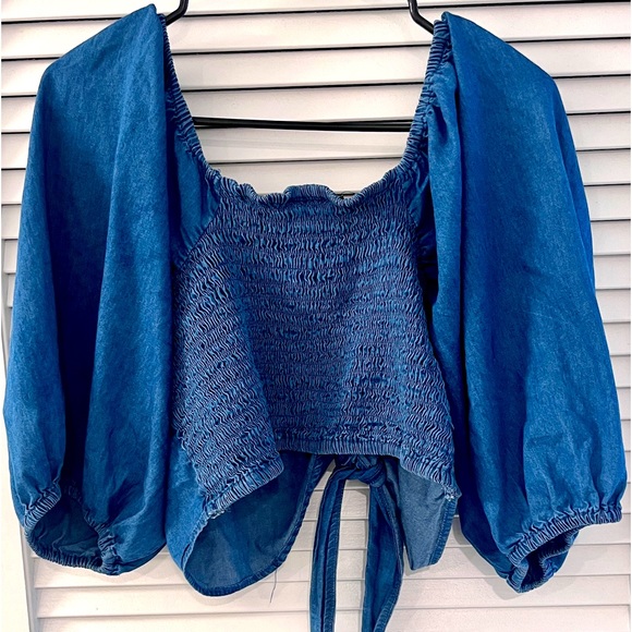 Plus Sz 1X Bow Front Tie Denim Crop Top 100% Cotton - Picture 2 of 12